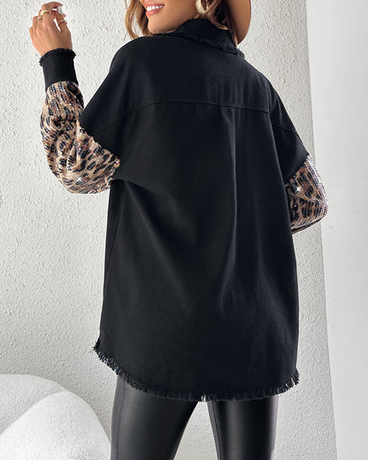 Contrast Leopard Sequin Patchwork Long Sleeve Jacket Top Button Front Raw Hem Shacket