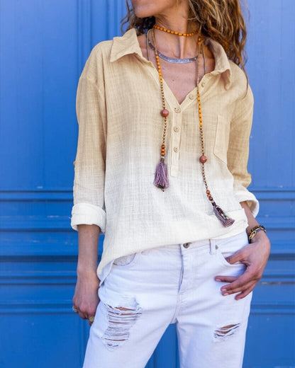 Ombre Turn-down Collar Roll Up Sleeve Half Button Front Shirt Casual Pocket Design Loose Fit Top