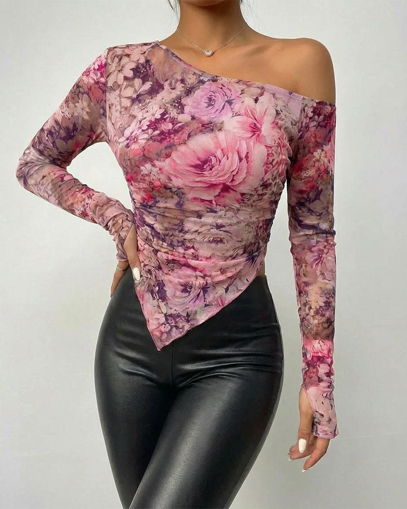 Floral Print Skew Neck Long Sleeve Asymmetrical Hem Tee Slim Fit Side Ruched Sheer Mesh Top with Thumb Hole Cuffs & Lining