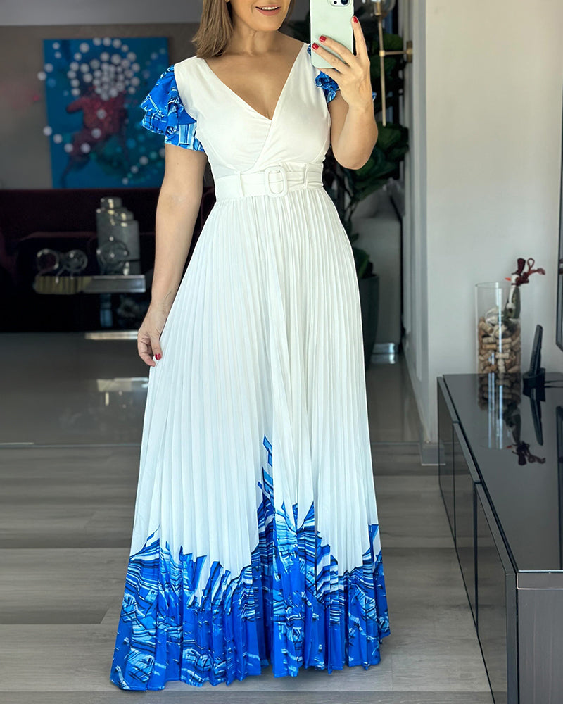 Abstract Placement Print Overlap Deep V-Neck Ruffles Sleeve Pleated Maxi Dress Elegant Zipper Back Cinched Waist Vacation Dress with Belt