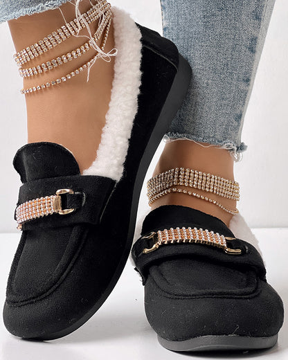 Rhinestone Chain Decor Thermal Lined Faux Shearling Trim Casual Flat Slip-On Loafers without Anklet Bracelet