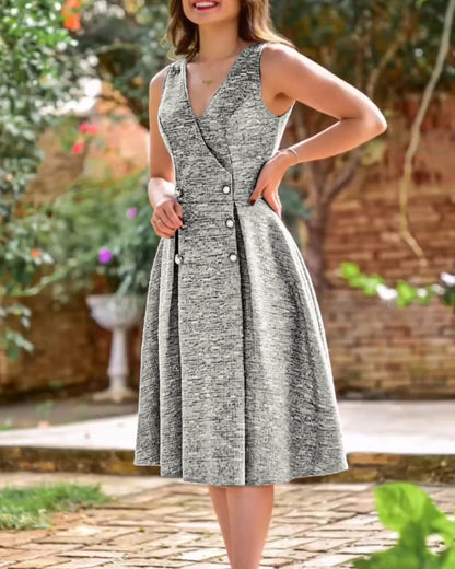 V-Neck Sleeveless Double Breasted Decor A Line Party Dress Causal Ziper Back Peplum Hem Commuting Dress