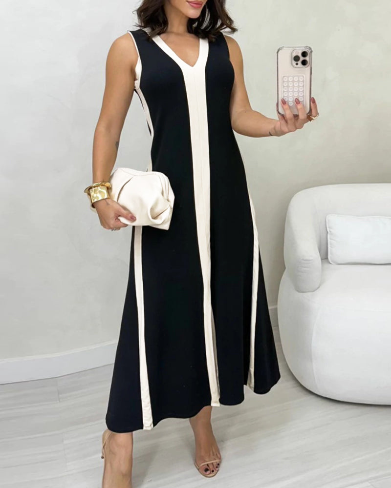 Striped Sleeveless Plunge Neckline Midi Dress with Slit Detail Casual Loose Fit A Line Dress