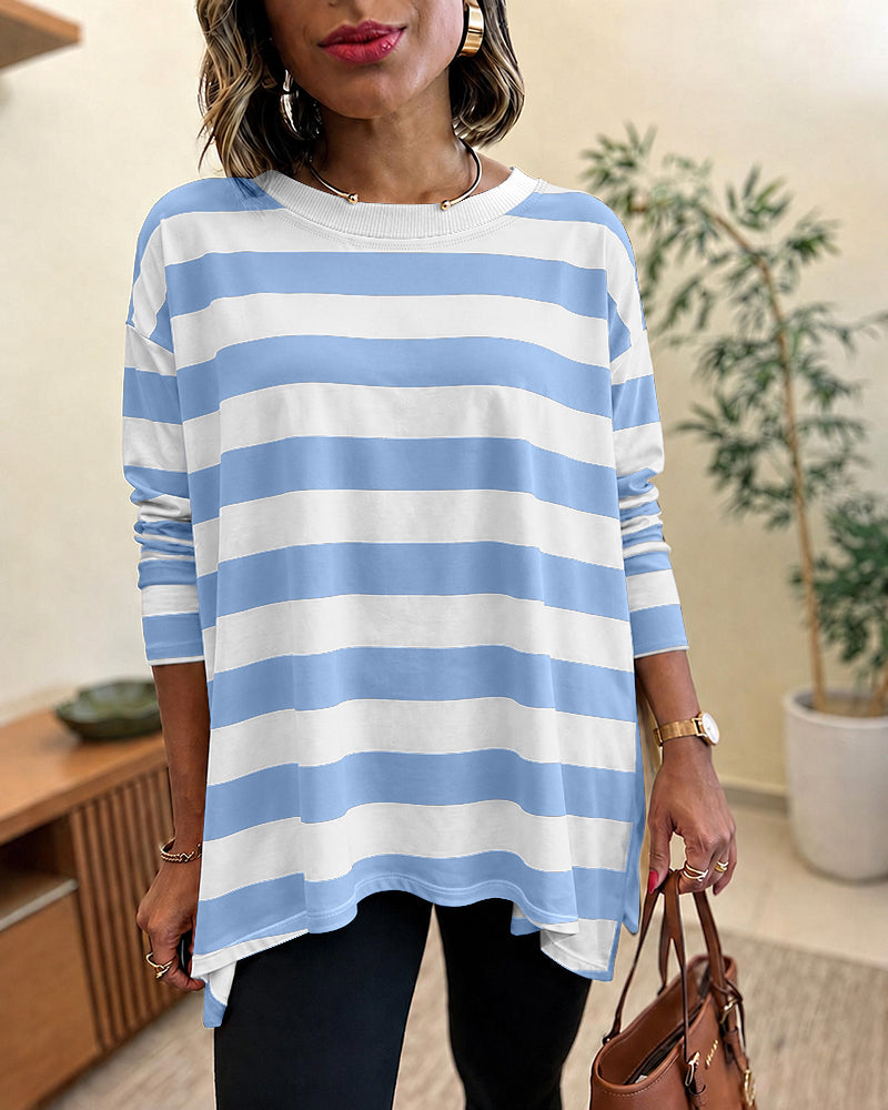 Women's Striped T Shirt Long Sleeve Drop Shoulder Crewneck Tee Side Slit Casual Loose Fit Top