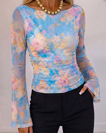 Women's Floral Watercolor Print Boat Neck Ruched Sheer Mesh Flare Sleeve Top