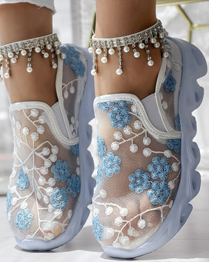 Floral Pattern Sheer Mesh Patch Round Toe Sneakers