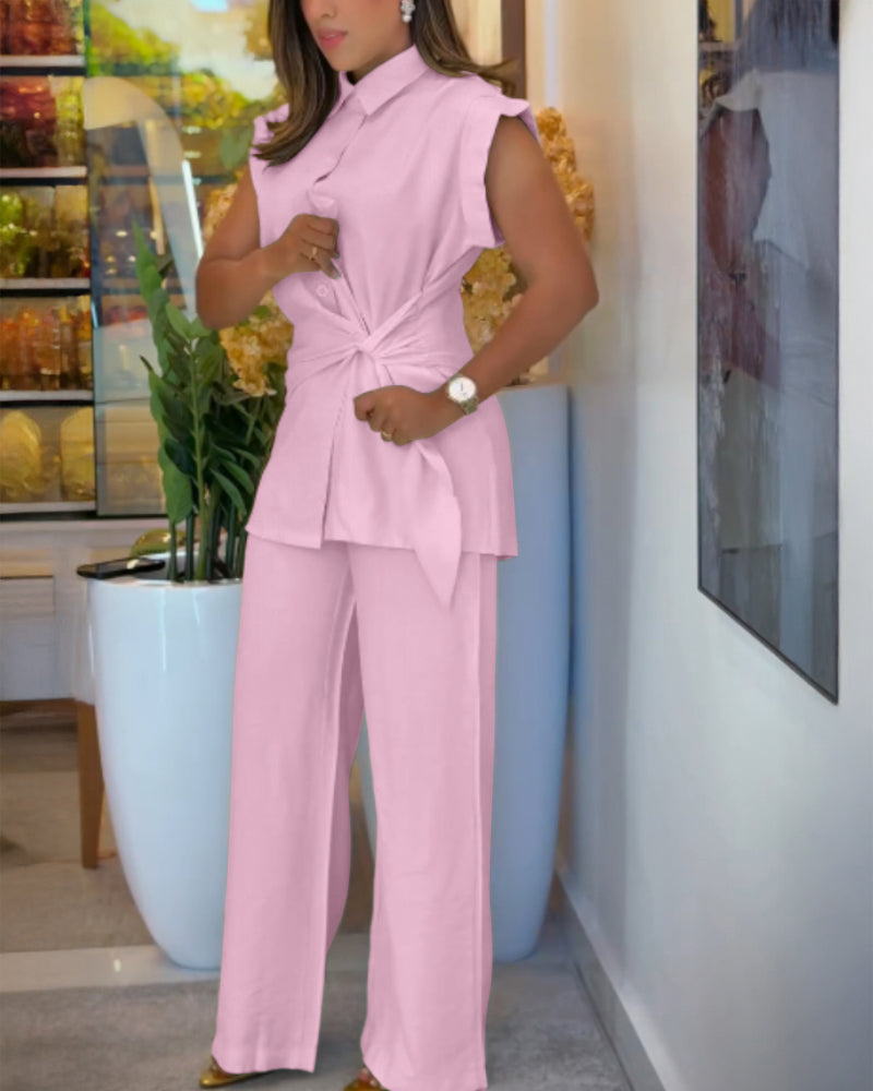 2 Pieces Outfit Turn-down Collar Cap Sleeve Button Front Tied Detail Top and Casual Zipper Fly Elastic Back Waist Wide-Leg Pants Set