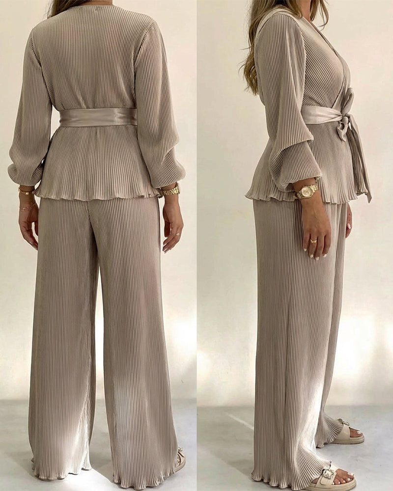 2 Pieces Outfit Overlap V-Neck Lantern Sleeve Tie Waist Ruffle Hem Top and Elastic Waist Wide Leg Pants Set Vintage Frill Hem Satin Pleated Commuting Set
