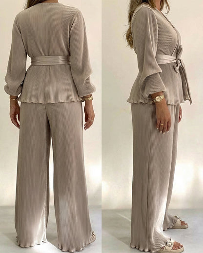 2 Pieces Outfit Overlap V-Neck Lantern Sleeve Tie Waist Ruffle Hem Top and Elastic Waist Wide Leg Pants Set Vintage Frill Hem Satin Pleated Commuting Set