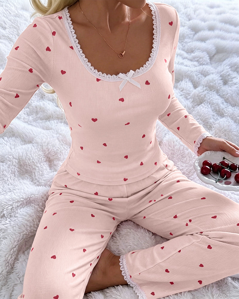 Women's 2 Piece Heart Print Lounge Set Lace Trim Rib-Knit Pajama Set Slim Fit Long Sleeve Top and Pants with Pockets