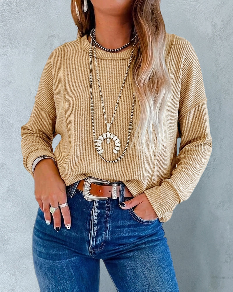 Women's Ribbed Knit Long Sleeve Top Casual Seam Crewneck Pullover
