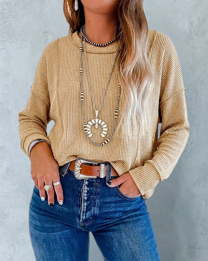 Women's Ribbed Knit Long Sleeve Top Casual Seam Crewneck Pullover