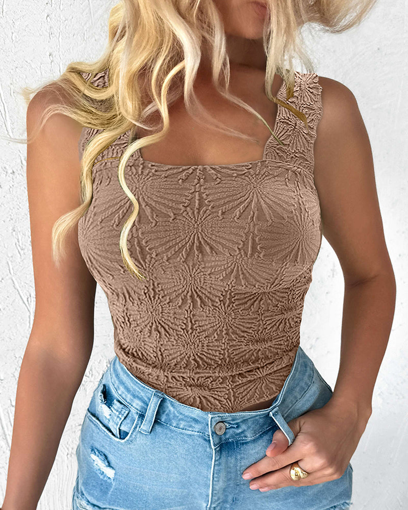 Floral Jacquard Square Neck Thick Strap Crop Tank Casual Sleeveless Top
