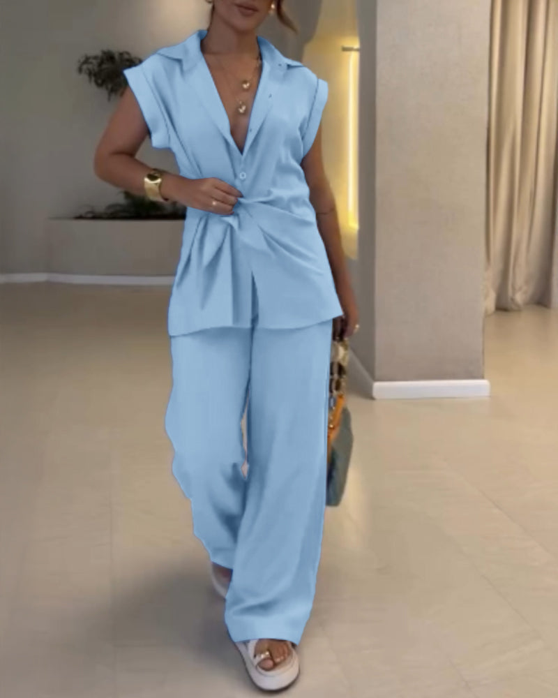 2 Pieces Outfit Turn-down Collar Cap Sleeve Button Front Tied Detail Top and Casual Zipper Fly Elastic Back Waist Wide-Leg Pants Set