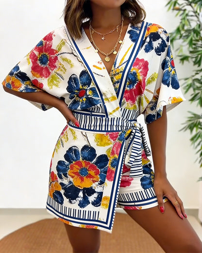 Women's Oil Painting Floral Print Romper V Neck Wrap Knot Side Jumpsuit Half Sleeve Beach Vacation Summer Skorts Romper