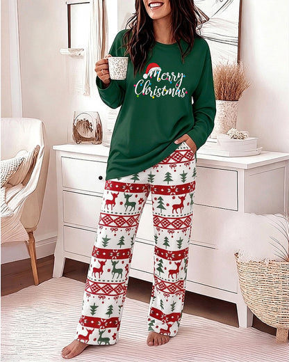 Women's Two Piece Pajamas Set Slogan Print Top and Christmas Print Pants Casual Lounge Set