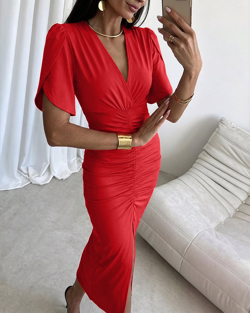Women's Ruched V Neck Midi Dress Petal Short Sleeve Slit Party Gown Elegant Evening Dress