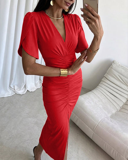 Women's Ruched V Neck Midi Dress Petal Short Sleeve Slit Party Gown Elegant Evening Dress