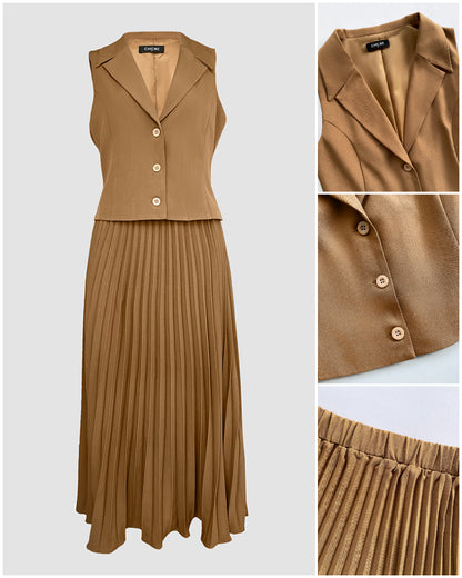 Turn-down Collar Sleeveless Button Vest and Casual Pleated Skirt Sets