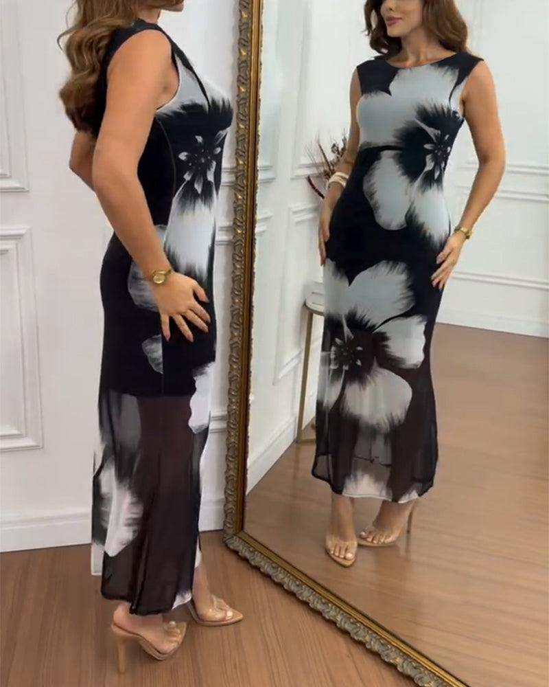 Women's Floral Print Mesh Mermaid Dress Backless Side Slit Bodycon Maxi Dress Elegant Wedding Guest Party Gown