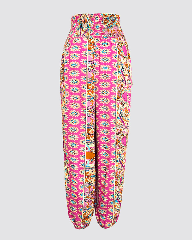 Tribal Print Shirred High Waist Cinched Hem Long Pants Vacation Pants with Pocket Vintage Pants