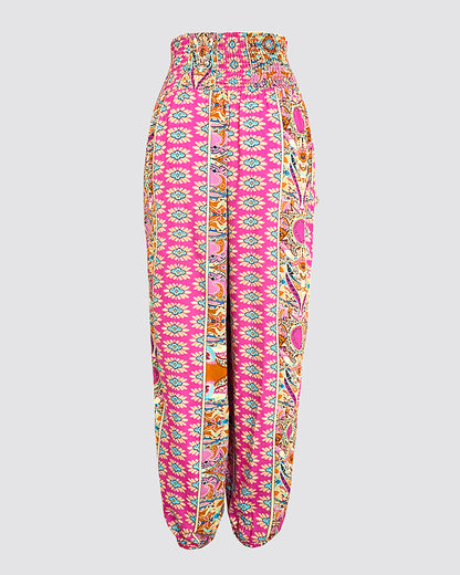 Tribal Print Shirred High Waist Cinched Hem Long Pants Vacation Pants with Pocket Vintage Pants