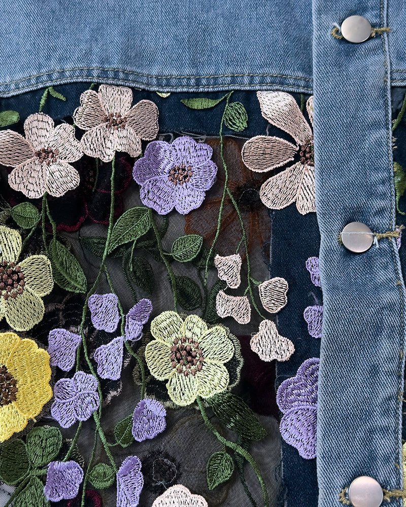Colorblock 3D Flower Lace Embroidery Patch Denim Coat Casual Turn-down Collar Jacket