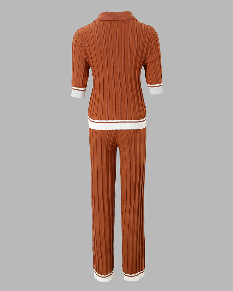 Women's Contrast Binding Two Piece Knit Set Short Sleeve Top and Drawstring Straight Leg Pants Casual Loungewear