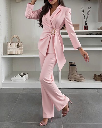 2 Pieces Outfit Metal Ring Decor Notched Collar Cinched Waist Wrap Front Coat and Zipper Fly Elastic Back Waist Pants Set Casual Blazer Set