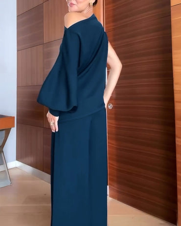 2 Pieces Outfit Skew Neck Asymmetrical Lantern Sleeve Side Slit Top and Casual Button & Zipper Side Pleated Wide Leg Pants Set