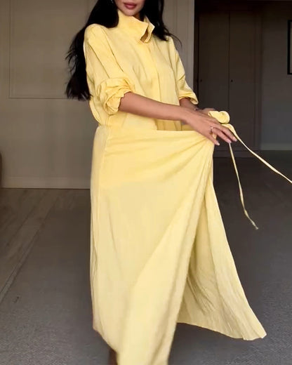 Women's Faux Two Piece Shirt Dress Wrap Lace-up Tie Waist Midi Dress Long Sleeve Slit Casual Dress