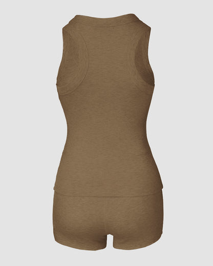 2PCS Micro-Ribbed U-Neck Tank Top & Boxer Set Cozy Loungewear