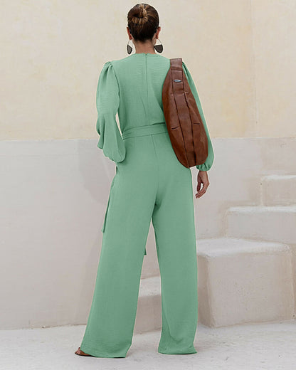 Deep V Neck 3D Design Tie Waist Ruched Overalls Casual Cinched Waist Zipper Back Textured Jumpsuit with Belt