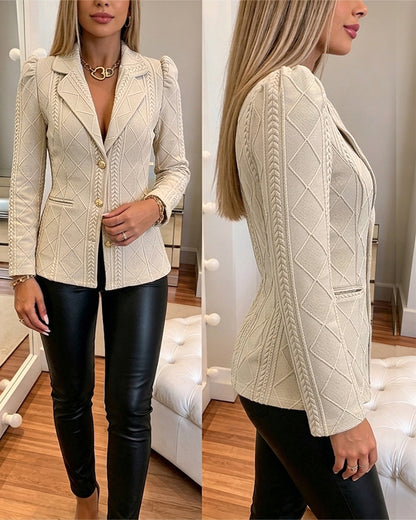 Women's Elegant Argyle Textured Blazer Slim Fit Puff Sleeve Suit Jacket Gold Button Work Office Commuter Blazer with Pockets