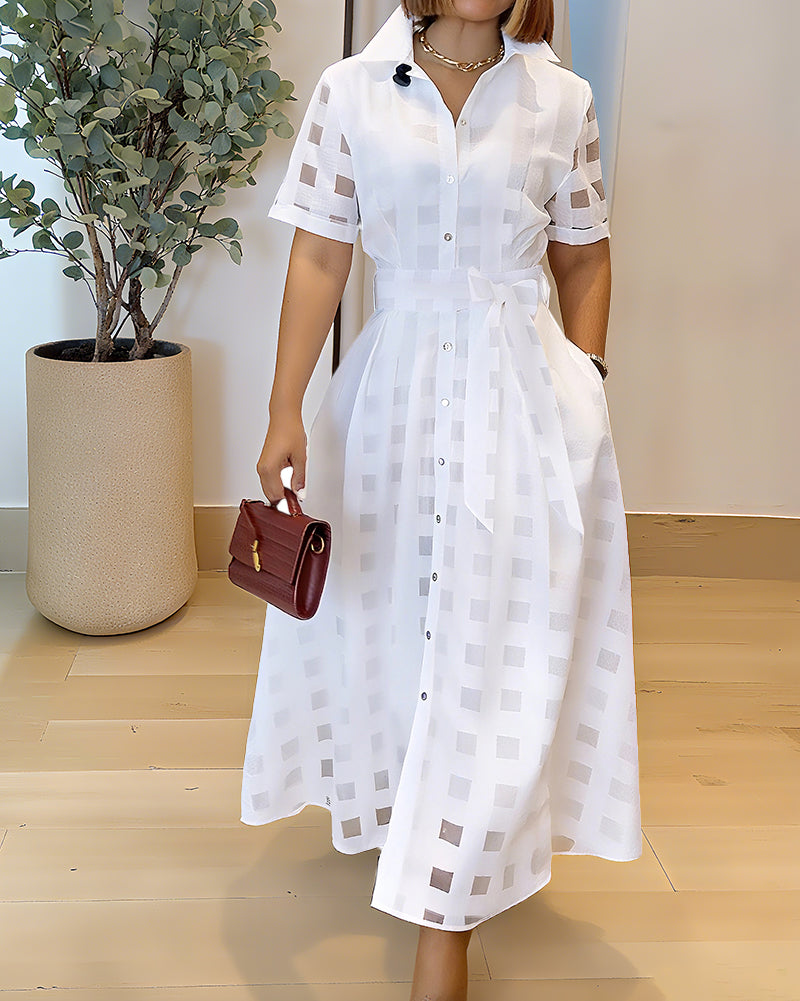 Turn Down Collar Plaid Mesh Double Layered Cinched Waist Maxi Dress Button Down Bow Tie Waist Commuting Dress