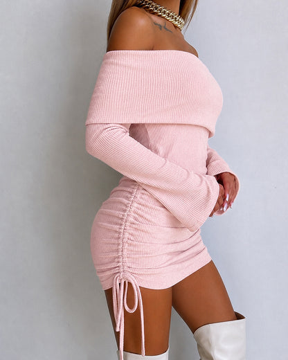 Women's Foldover Off Shoulder Long Sleeve Ruched Mini Dress Drawstring Bodycon Dress