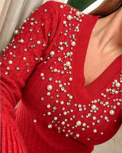 Rhinestone & Pearls Decor V-Neck Cable Textured Knit Sweater