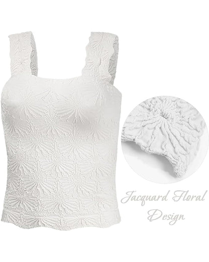 Floral Jacquard Square Neck Thick Strap Crop Tank Casual Sleeveless Top