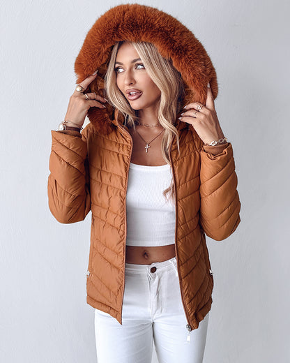 Zipper Pocket Design Shirred Fuzzy Trim Fleece Lined Hooded Puffer Jacket