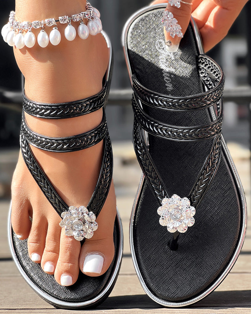 Rhinestone Floral Pattern Toe Post Beach Slippers