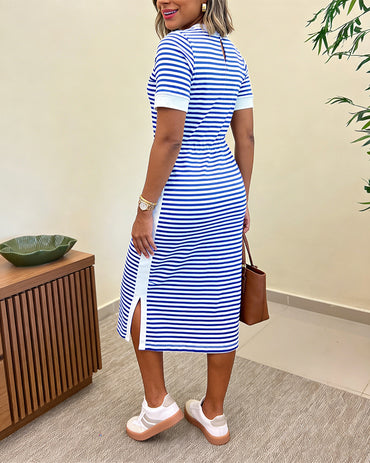 Women's Striped Colorblock Midi T-Shirt Dress Casual Crew Neck Waist-Cinching Slit Dress with Pockets