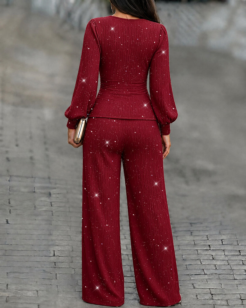 Women's 2 Piece Glitter Set Deep V Neck Lantern Sleeve Ruched Top and Wide Leg Pants with Pockets
