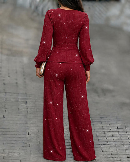 Women's 2 Piece Glitter Set Deep V Neck Lantern Sleeve Ruched Top and Wide Leg Pants with Pockets
