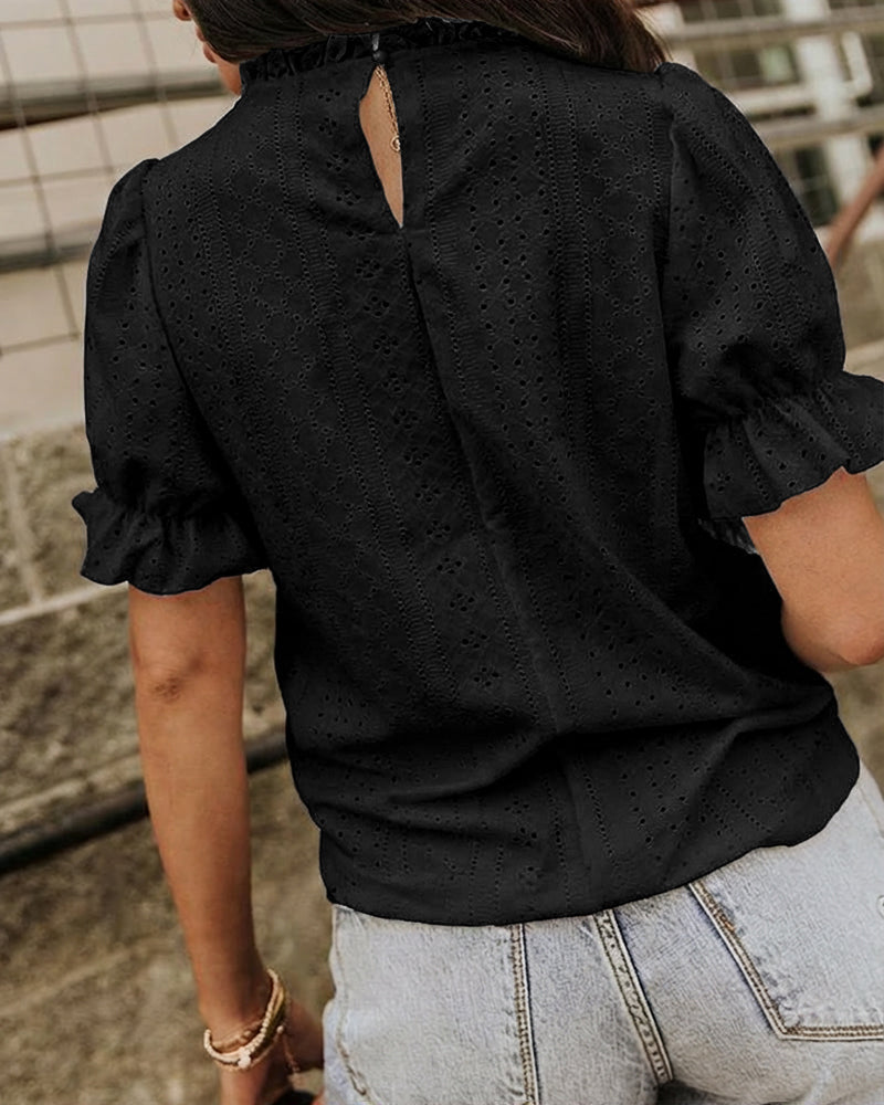 Elegant Frill Hem Stand Collar Puff Sleeve Blouse Casual Hollow Out Embroidery Pullover Top