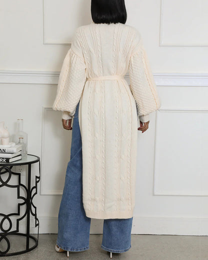 Cable Textured High Neck Lantern Sleeve Bow Tie Waist Sweater Casual High Slit Knit Longline Top