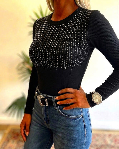Women's Crewneck Rhinestone Ribbed Knit Top Slim Fit Long Sleeve Top