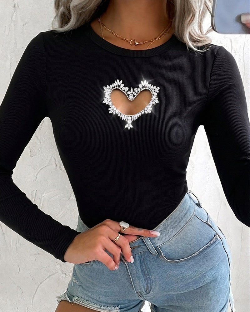 Women's Rhinestone Heart Hollow-out Long Sleeve Ribbed Knit Fitted Top