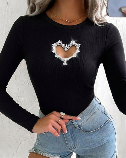 Women's Rhinestone Heart Hollow-out Long Sleeve Ribbed Knit Fitted Top
