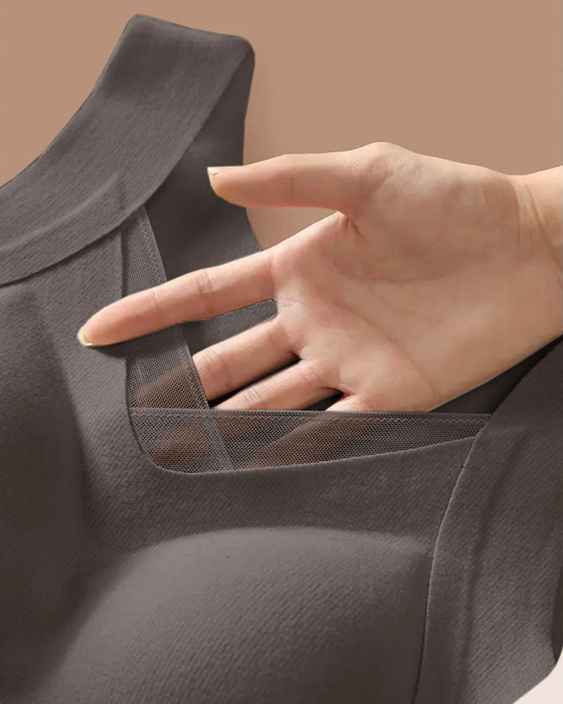 Sheer Mesh Spliced V Neck Sleeveless Built In Bra Tank Casual Warm Fleece Lined Slim Fit Top