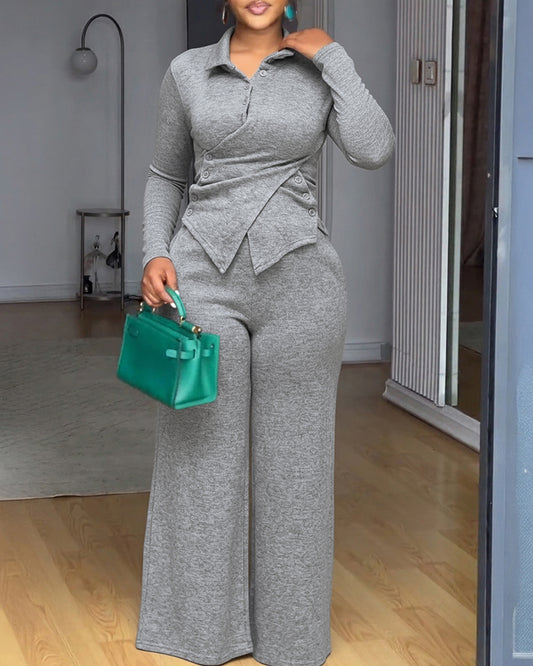 Stylish 2 Pieces Outfit Long Sleeve Criss Cross Button-Up Top and Casual Wide Leg Pants Set with Pockets
